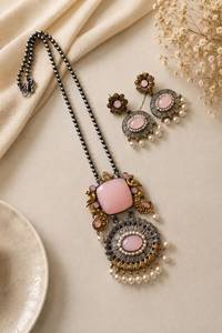 Beautiful Designer Antique Oxidized Pendant Necklace <b>Set</b> with Matching Earrings | <b>Pearl</b> Detailing | Ethnic Statement Jewellery - Product Image 5