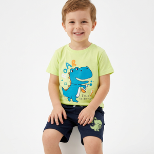 Ensemble T-shirt et short pour garçons, motif dinosaure scientifique de dessin animé, 100 % coton peigné, tenue décontractée pour tout-petits - Product Image 4
