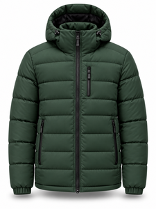 Veste d'hiver pour homme, verte, à capuche, matelassée, imperméable, séchage rapide, coupe-vent, fermeture éclair, rembourrage en polyester, longueur normale, décontractée - Product Image 1