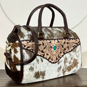 Premium Quality Large <b>Tooled</b> <b>Leather</b> Cowhide Speedy Bag Floral Carved with Turquoise Stone Cowgirl Travel Duffel Overnight Bags - Product Image 4
