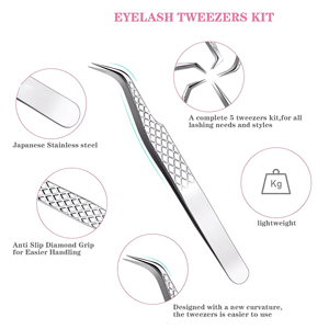 Professional Stainless Steel Eyelash Extension Tweezers Set Tips Anti-Slip Grip Handle Pink Storage <b>Case</b> for Salon Use - Product Image 3