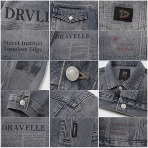Chaqueta Trucker con Estampado Gráfico de Periódico, Estilo Hip Hop, Lavado, en Mezclilla Gris Azul, con Parches Dravelle - Product Image 4