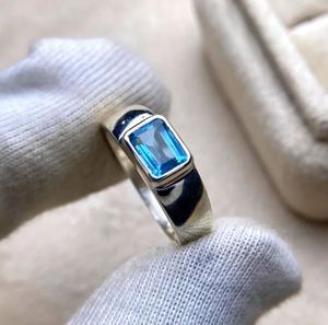 Natural Blue Topaz Bezel <b>Emerald</b> Cut Sterling <b>Silver</b> 14K Gold Plated Luxury Engagement Wedding <b>Ring</b> - Product Image 2