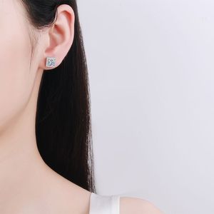 Womens 925 Silver <b>Moissanite</b> Diamond Princess Cut Stud <b>Earrings</b> Lightweight Square Halo Luxury Jewelry Elegant Gift for Her - Product Image 1