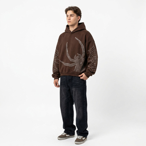 Trending Oversized Brown Fleece <b>Hoodie</b> <b>Gothic</b> Rhinestone Pattern Pullover Hooded Sweatshirt Streetwear - Product Image 6