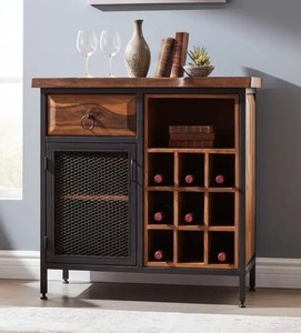 <b>Rustic</b> Solid Mango Wood Bar <b>Cabinet</b> with Wine Storage and Metal Mesh Door Freestanding Console for Drinks Organization - Product Image 6
