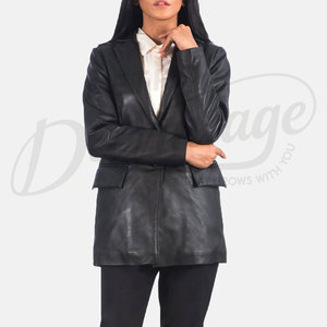 Chaqueta Blazer de Cuero Genuino Negro para Mujer, Corte Entallado, Piel de Oveja Premium, Dos Botones, Formal, Casual, de Negocios, Abrigo Largo - Product Image 4