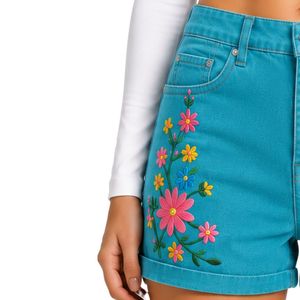 Turquoise <b>Women</b> High Waist Denim Shorts With Colorful Floral Embroidery Casual Summer Stretch <b>Jean</b> Shorts Custom OEM ODM Apparel - Product Image 3