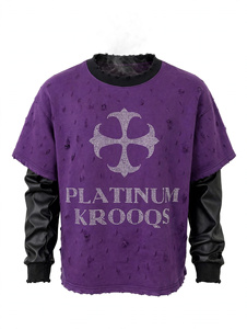 Wholesale Custom Deep Purple Distressed Rhinestone Graphic Cross Double Layer Sleeve Streetwear Leather Sleeves Heavyweight - Product Image 1
