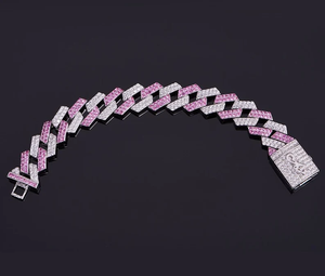 14mm Width 7.5 Inch 925 <b>Solid</b> <b>Silver</b> Natural Diamond IGI Certified Pink Color Hip Hop Men's Party <b>Bracelet</b> - Product Image 1