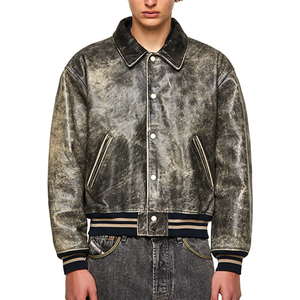 Blouson aviateur en cuir véritable pour homme, col rabattu, style vintage délavé, fermeture boutonnée, coupe classique, idéal pour l'automne - Product Image 1
