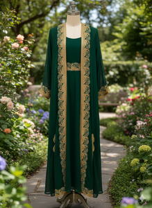 Takchita Kaftan Marocaine de Luxe Vert Royal Brodé en Chiffon Premium, Robe de Soirée Élégante avec Détail de Bordure en Dentelle Dorée - Product Image 2