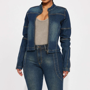 Womens Denim Bomber Jacket Light Blue Full Sleeve Covered Button Closure <b>Turn</b>-down Collar Winter Style Woven Fabric Logo Cotton - Product Image 1
