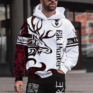 Sudadera con Capucha para Hombre Elk Hunter, Casual, Blanca y Roja, de Felpa, Transpirable, Corte Regular, Invierno, Tejida, 100% Algodón, Impresión Digital, ODM - Product Image 1