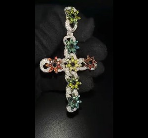 Collier pendentif croix unisexe en argent sterling haut de gamme, design 3D fleur en moissanite, plaqué or rose, style hip-hop - Product Image 1