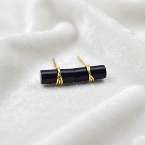 Ratnarachit <b>Black</b> Onyx <b>Earrings</b> 12x5mm Rounded Rectangle Wire Wrapped Gold Plated Minimalist <b>Studs</b>-Gift - Product Image 2