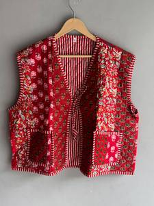 Chaleco Acolchado de Algodón con Estampado Floral Rojo para Mujer, Cuello en V, Sin Mangas, para Otoño, con Bolsillos, Todas las Tallas, Regalo para Ella - Product Image 1