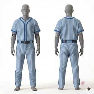 Men's Baseball Uniform Set Striped Blue Short Sleeve Button Front Pants With Belt Regular Fit All Seasons Apparel - Product Image 1
