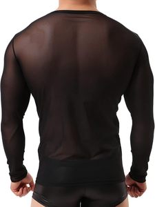 T-shirt en maille noire unie à manches longues et col rond, respirant, de haute qualité, coupe ajustée, effet résille, sous-vêtement. - Product Image 2