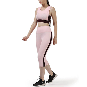 Women's High Waist 2-Piece Printed Yoga Set Stand Neckline Half Sleeve Full Length Seamless Spandex/Nylon Elastic Waist Front - Product Image 6