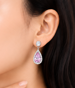 Pendientes de Diamante Rosa Corte Pera con Halo de Diamantes Blancos Redondos, Joyería Fina de Lujo para Novia, Boda o Compromiso - Product Image 6