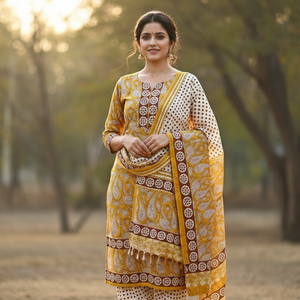 Conjunto de Algodón Floral Amarillo y Blanco Premium para Mujer |   Ropa de Resort Hecha a Mano con Estampado de Bloques de Alta Calidad |   Ropa Casual de Boutique para el Verano - Product Image 5