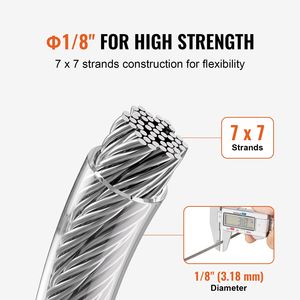 Kit Cavo in Acciaio Inossidabile 304 da 1/8'' x 304 cm con 59 Accessori, Resistenza alla Rottura 650 Libbre, 7x7 Fili per Costruzioni - Product Image 3