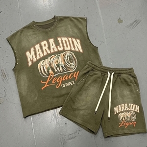 Wholesale Custom Acid Wash <b>Men</b> Tracksuit Studded Sleeveless T Shirt Shorts Set Vintage Distressed Heavyweight Gym Streetwear - Product Image 1