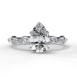 Bague de fiançailles en diamant de laboratoire taille poire 1 carat, or massif 18 carats, certifiée IGI VVS E-F, avec accent marquise vintage, bijoux fins - Product Image 3