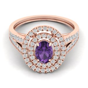 Bagues de fiançailles halo en or massif 14 carats faites à la main REYES, diamant taille ovale, améthyste 0,75 carat, bijoux fins pour femmes - Product Image 1