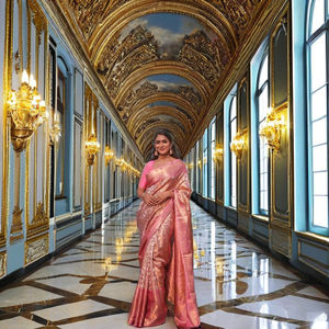 Sari de Seda Banarasi Rosa con Bordado Zari, Traje Tradicional Indio, Suave, para Bodas de Verano, Ropa Étnica, Ropa de Fiesta para Mujer, Blusa con Protección Solar - Product Image 1