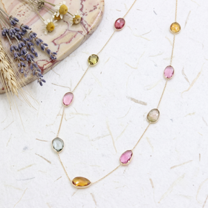 Natural High Quality Geometric Mix Shaped Multi Tourmaline 18k Solid Yellow Gold Handmade Women's Charm <b>Statement</b> <b>Necklace</b> Gift - Product Image 5