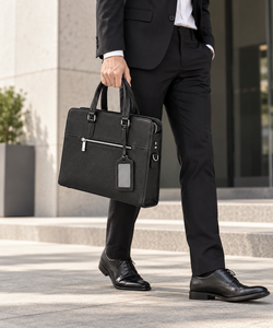 Porte-documents classique noir en cuir véritable, simple et luxueux, avec poche avant zippée, portable, durable, souple, sac d'affaires pour usage professionnel - Product Image 2