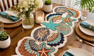 Chemin de table bohème fait main en tissu, forme irrégulière, avec perles et motifs marins, tapis et dessous de plat - Product Image 1