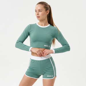 Wholesale Women's Yoga <b>Set</b> Long Sleeve Crop Top High Waist <b>Shorts</b> Two Piece Workout Outfit <b>Ladies</b> Crop Top Activewear <b>Shorts</b> <b>Set</b> - Product Image 2