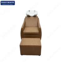 Fauteuil de lavage professionnel de luxe en cuir PVC marron avec bac en céramique, station de lavage de cheveux, mobilier de salon