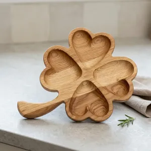 Plateau de service en bois fait main en forme de feuille avec 5 compartiments, plateau de service en bois pour en-cas, fruits secs et apéritifs - Product Image 5