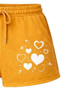 กางเกงขาสั้นผ้าฟลีซสีเหลืองมัสตาร์ดสำหรับผู้หญิง พิมพ์ลายหัวใจ เอวยางยืด สวมใส่สบายสำหรับฤดูร้อน รับผลิตตามสั่ง ขายส่ง รับผลิตแบบ OEM - Product Image 4