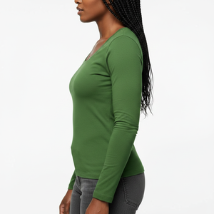 Women's Smart Casual Scoop Neck Long Sleeve Plain Top Fitted Stretch Cotton Fabric Custom <b>Label</b> OEM Wholesale Supplier - Product Image 3