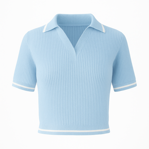 เสื้อโปโลผู้หญิงแบบถักลายริบแขนสั้น คอปกและขอบแขนตัดกัน แฟชั่นลำลองสำหรับใส่ทำงาน ขายส่งสำหรับแบรนด์ต่างๆ - Product Image 1