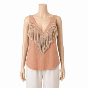 Blusa Túnica Elegante para Mujer, Color Beige, Mezcla de Lino, con Flecos, Sin Mangas, Cuello en V Profundo, Estilo Boho Casual, para Verano, Playa, Vacaciones, Resort - Product Image 1