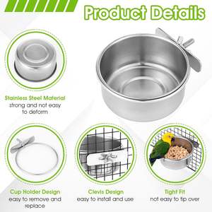 Comedero de acero inoxidable de 200 ml para pájaros, tazas colgantes para comida y agua de mascotas con abrazadera, tazón colgante para aves y mascotas, pedido al por mayor - Product Image 2