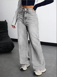Jean en denim délavé pour femme, coupe droite, longueur intégrale, style vintage, gris clair, en coton, sexy et mignon, idéal pour l'été - Product Image 1