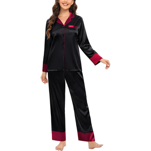 Women's Black Satin Pajama Set <b>Long</b> <b>Sleeve</b> Full Length Mandarin Collar Solid Color Smooth Classic Sleepwear Autumn Wear - Product Image 2