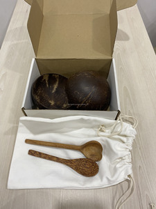 Cuenco de cáscara de coco natural hecho a mano con juego de tenedor de madera Material de PC ecológico para fiestas de boda utensilios de cocina vajilla - Product Image 4
