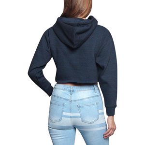 <b>Women's</b> <b>Navy</b> Blue Cropped <b>Hoodie</b> Pullover Printed Full Sleeve Knitted Fleece Front Logo Winter Autumn Wear - Product Image 2