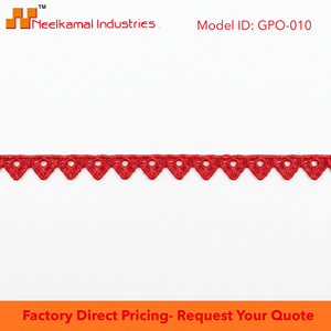 Ribete de encaje GPO de guipur rojo de 10 mm al por mayor, rollo de 20 metros para bordes de lehenga, decoración de costura con borlas, personalizable, de lujo, tradicional - Product Image 5