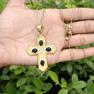 Hip hop <b>necklace</b> oval cut iolite blue quartz <b>crucifix</b> cross pendant <b>necklace</b> solid brass 18k gold plated fashion <b>women</b> <b>necklace</b> - Product Image 4
