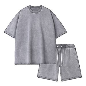 Ensemble deux-pièces personnalisé pour hommes ensemble t-shirt et short délavés à l'acide survêtement en coton épais - Product Image 1