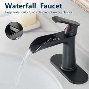Rubinetto a cascata nero per lavabo con piastra di copertura, scarico a scomparsa, tubi di alimentazione, 1 foro, 3 fori, collezione rubinetti bagno e lavabo - Product Image 5